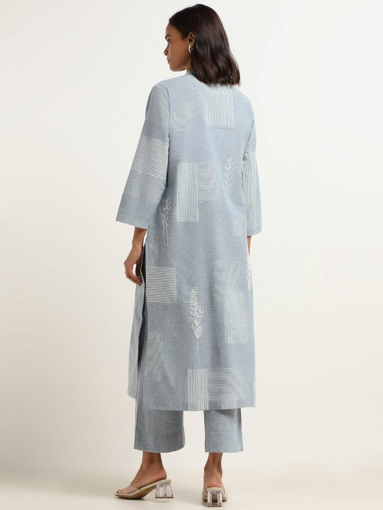 Zuba Blue Embroidered Cotton Buttoned Down Kurta