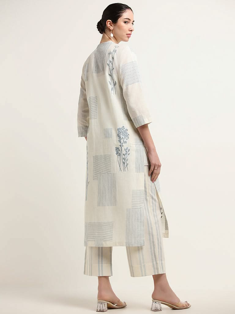 Zuba Off-White Embroidered Button-Down Blended Linen Kurta