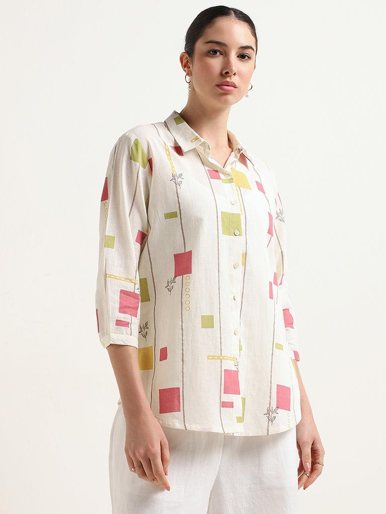 Zuba White Geometric Printed Blended Linen Tunic