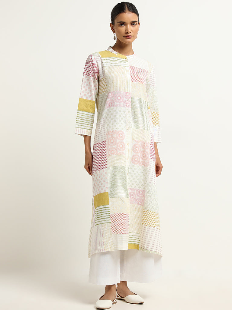 Zuba Off-White Printed Blended Linen Patchwork Kurta