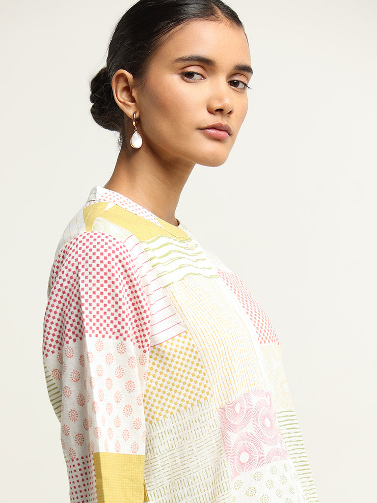 Zuba Off-White Printed Blended Linen Patchwork Kurta