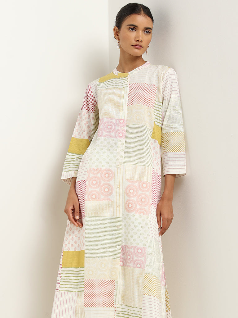 Zuba Off-White Printed Blended Linen Patchwork Kurta