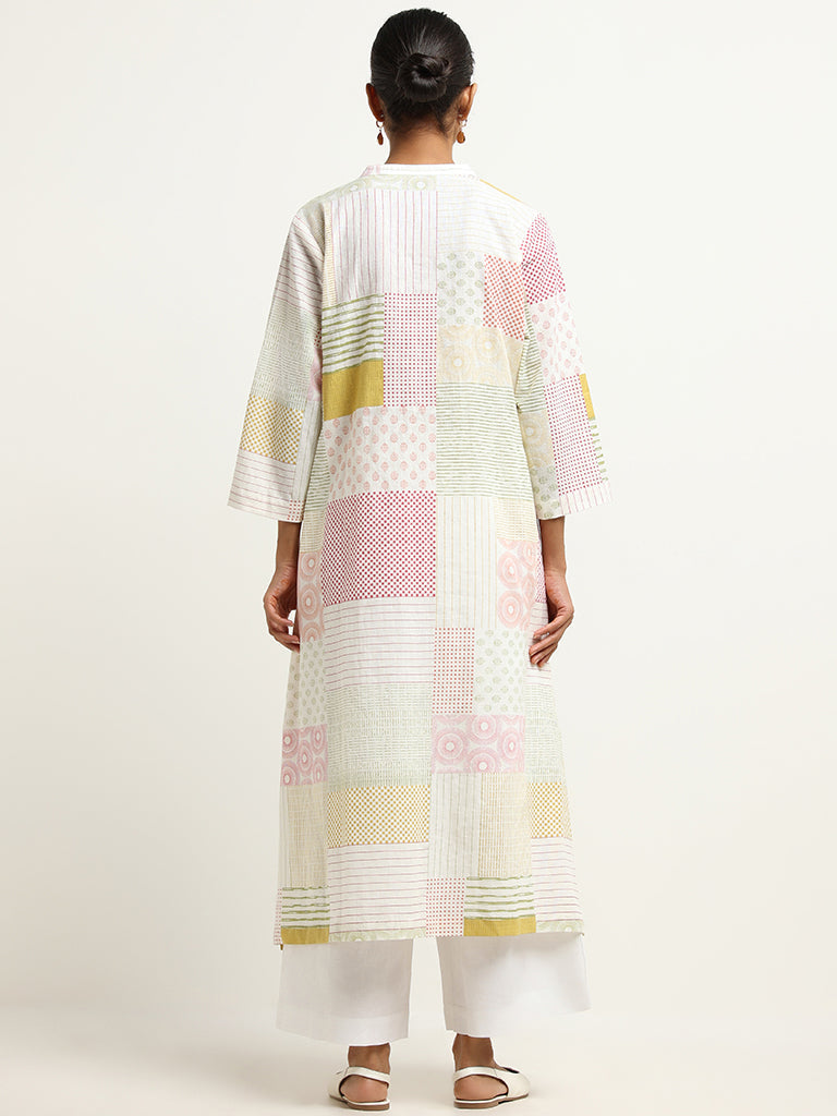 Zuba Off-White Printed Blended Linen Patchwork Kurta