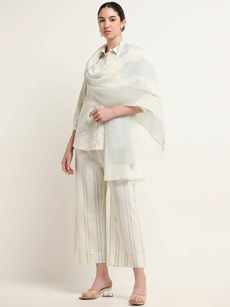 Zuba Off-White Contrast Print Blended Linen Tunic