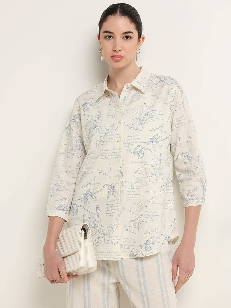 Zuba Off-White Contrast Print Blended Linen Tunic