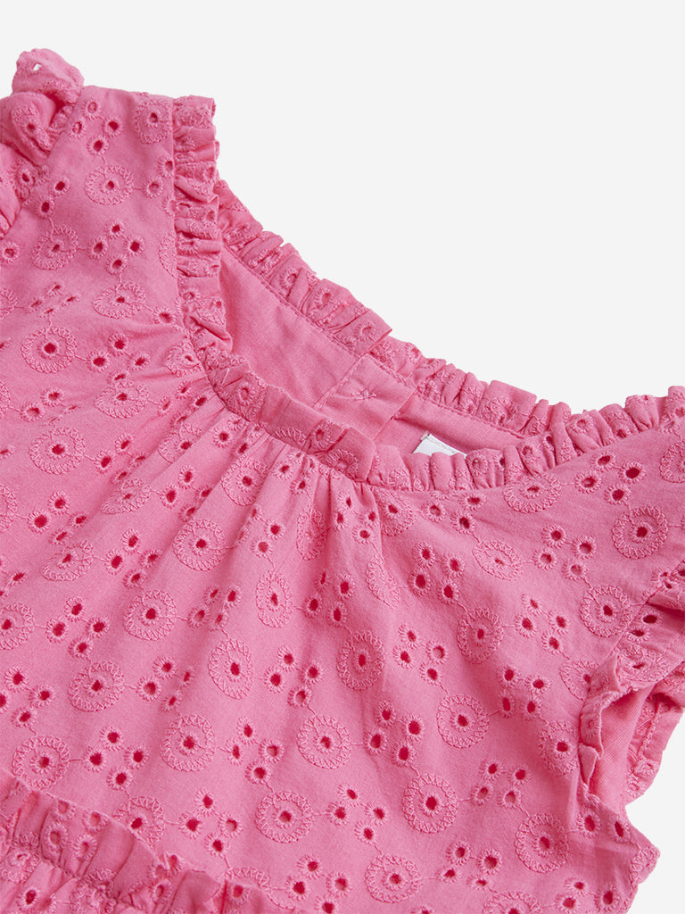 HOP Kids Pink Schiffli Detailed Tiered Dress