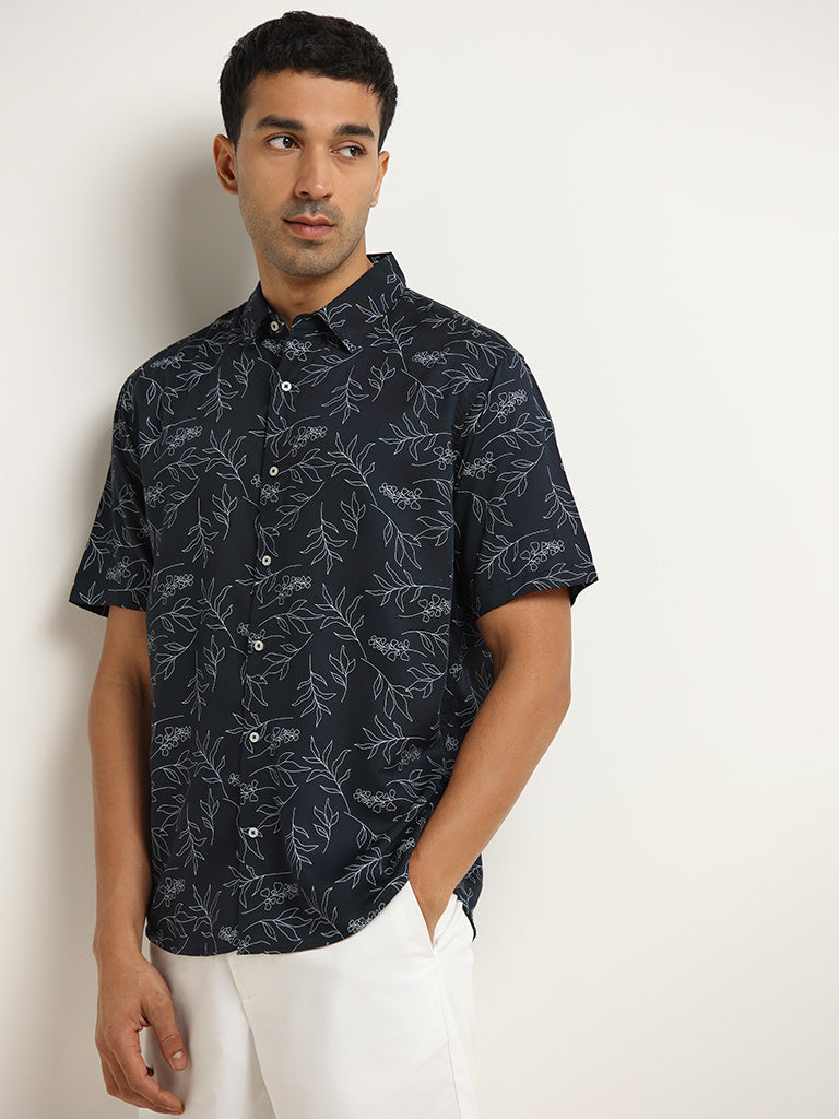 Ascot Navy Botanical Print Relaxed Fit Shirt