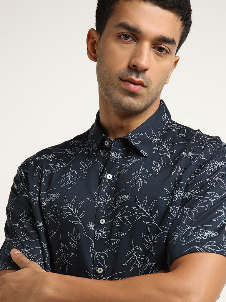 Ascot Navy Botanical Print Relaxed Fit Shirt