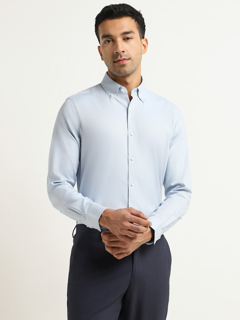 WES Formals Blue Cotton Blend Slim-Fit Shirt