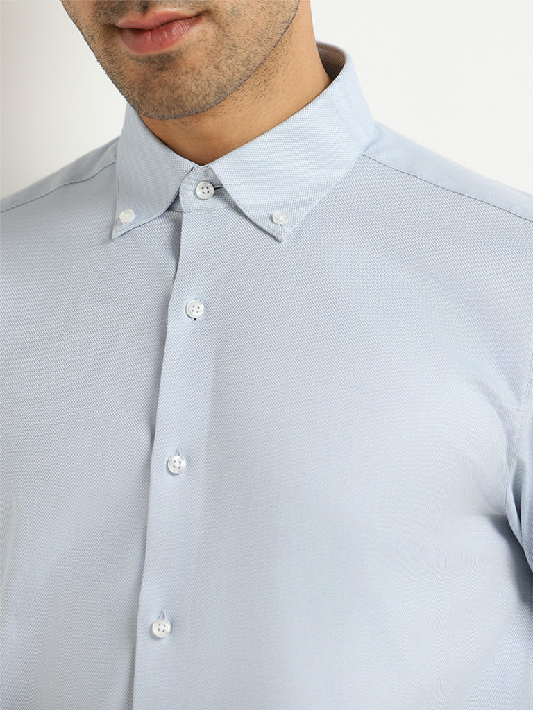 WES Formals Blue Cotton Blend Slim-Fit Shirt