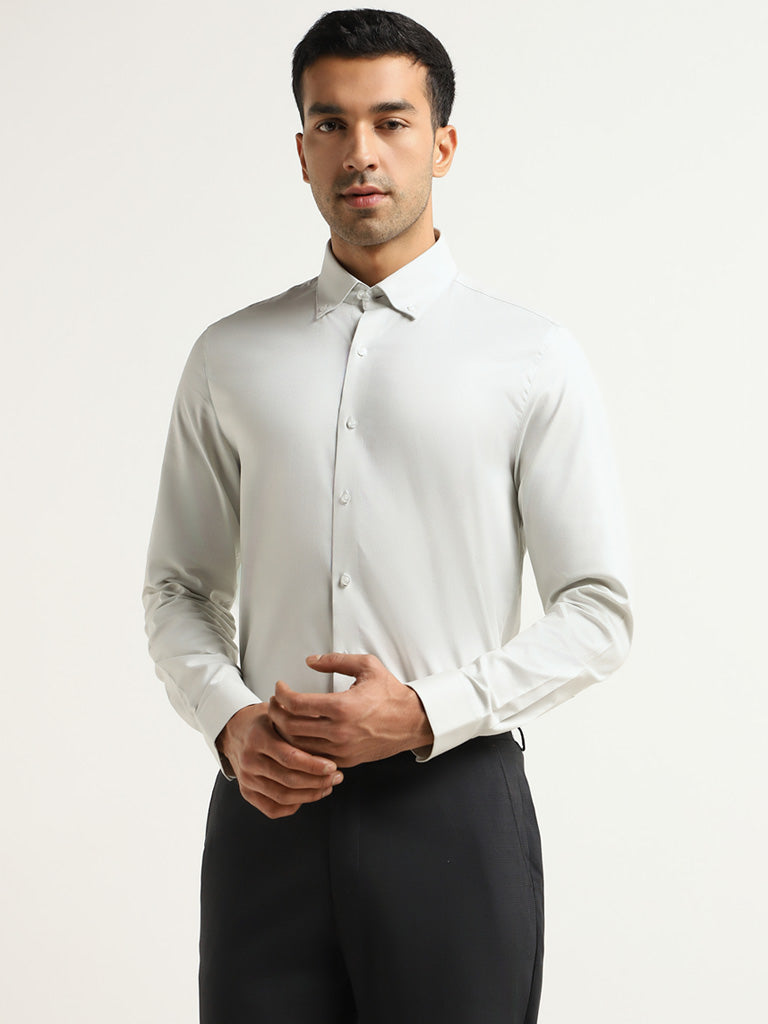 WES Formals Light Green Cotton Blend Slim-Fit Shirt