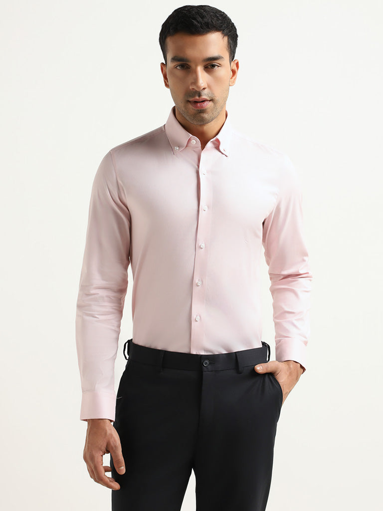 WES Formals Pink Cotton Blend Slim-Fit Shirt