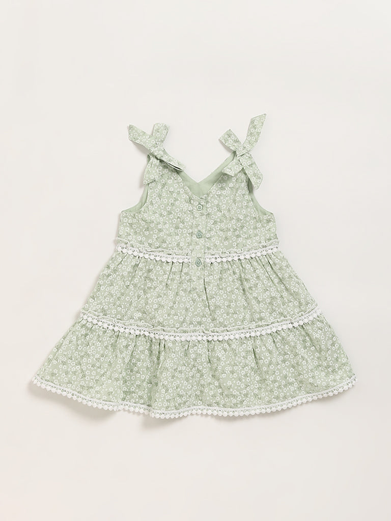 HOP Baby Green Printed Tiered Dress