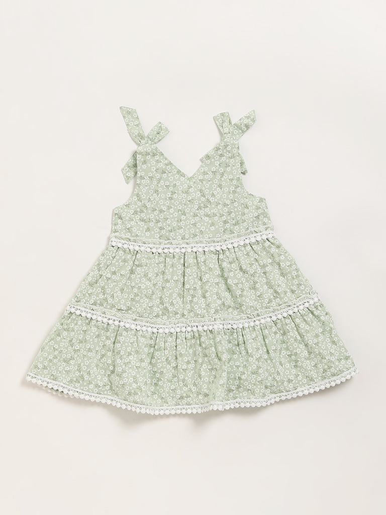 HOP Baby Green Printed Tiered Dress