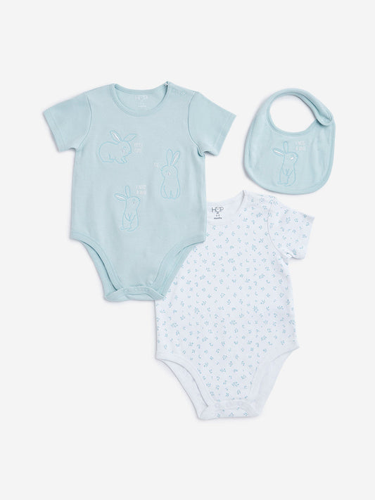 HOP Baby Light Sage Printed Rompers & Bib Set - Pack of 2