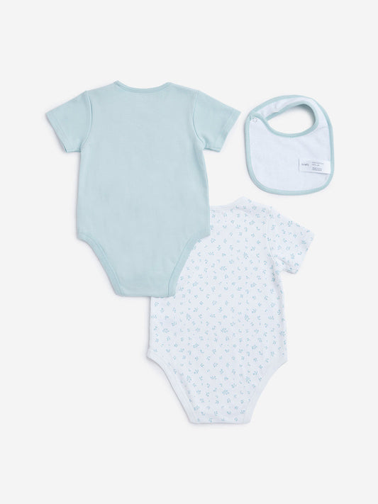 HOP Baby Light Sage Printed Rompers & Bib Set - Pack of 2