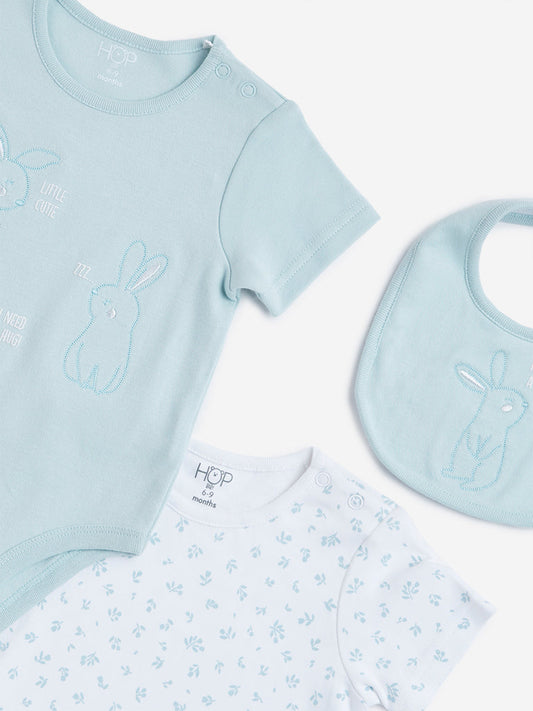 HOP Baby Light Sage Printed Rompers & Bib Set - Pack of 2