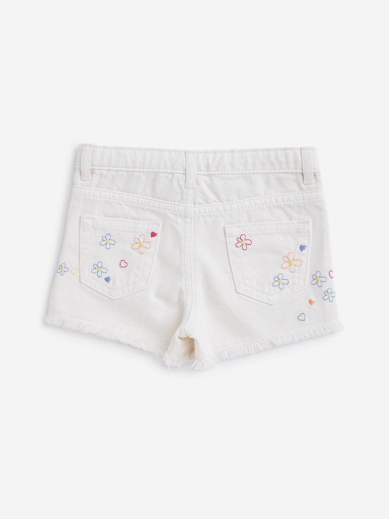 HOP Kids Off-White Floral Design Denim Shorts