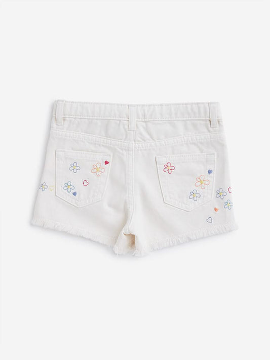 HOP Kids Off-White Floral Design Denim Shorts