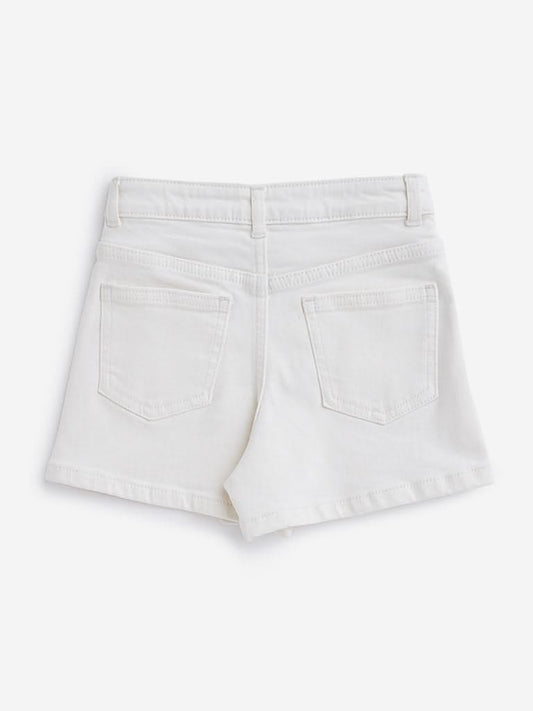 HOP Kids Off-White Floral Embroidered Denim Skort