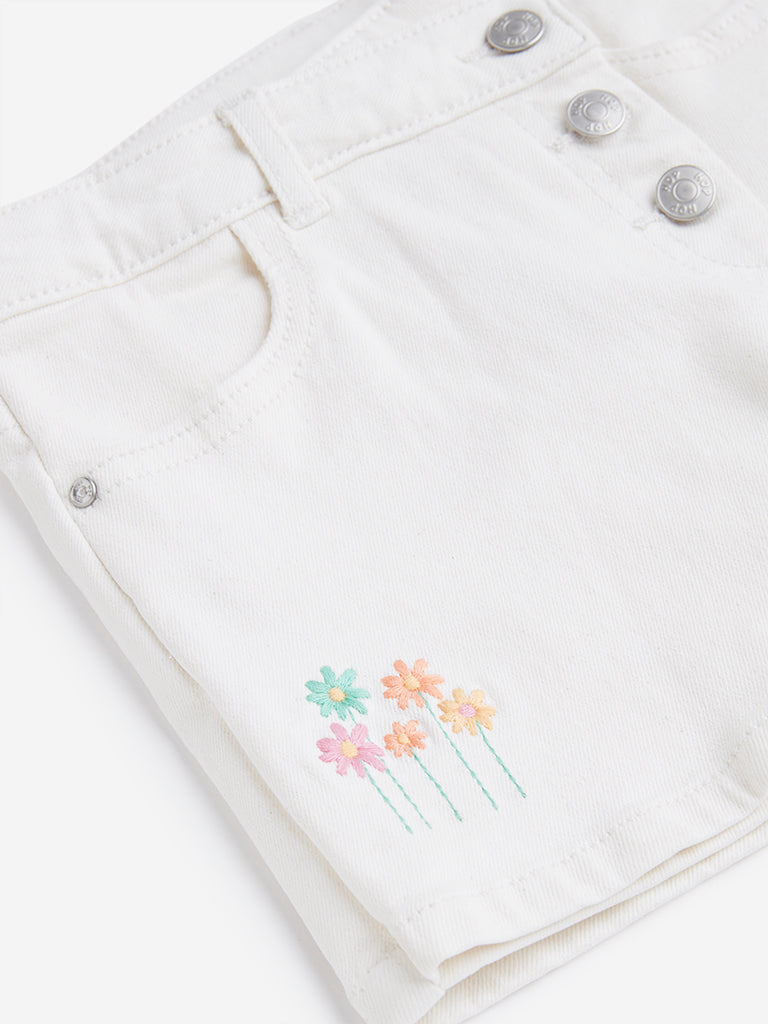 HOP Kids Off-White Floral Embroidered Denim Skort