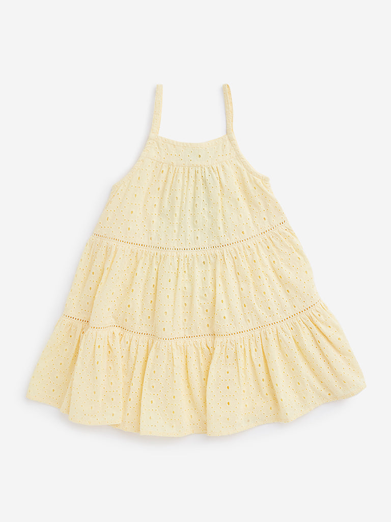 HOP Kids Yellow Schiffli Detailed Tiered Dress