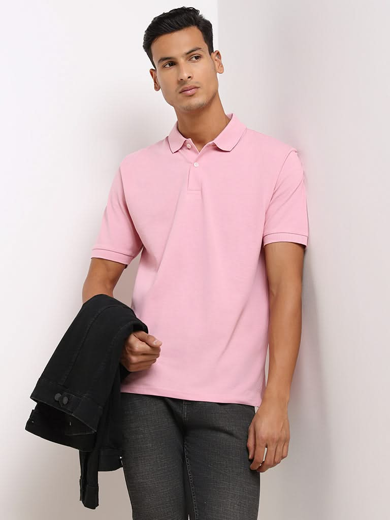 WES Casuals Pink Cotton Blend Relaxed Fit Polo T-Shirt