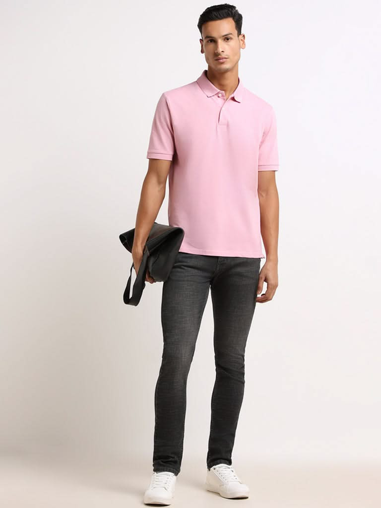 WES Casuals Pink Cotton Blend Relaxed Fit Polo T-Shirt