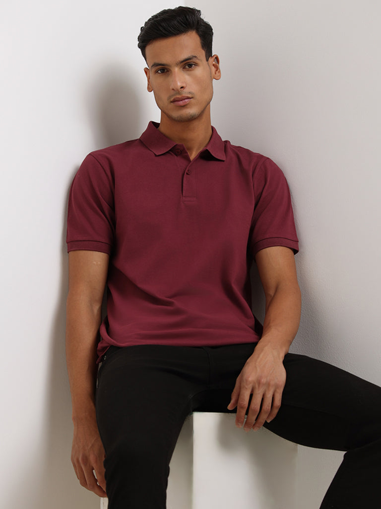 WES Casuals Burgundy Cotton Blend Relaxed Fit Polo T-Shirt