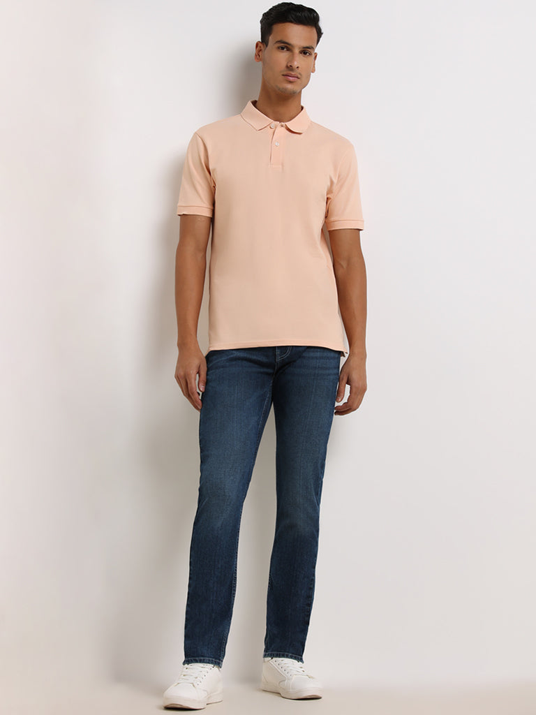 WES Casuals Peach Cotton Blend Relaxed Fit Polo T-Shirt