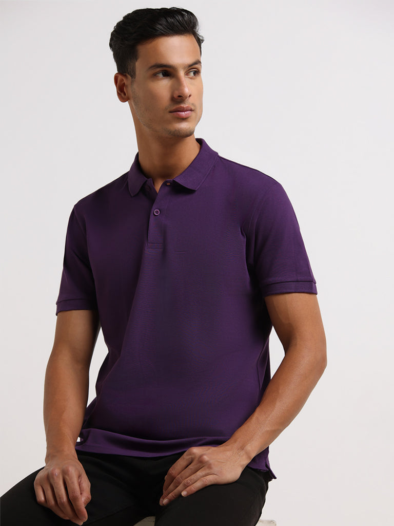 WES Casuals Purple Cotton Blend Relaxed Fit Polo T-Shirt