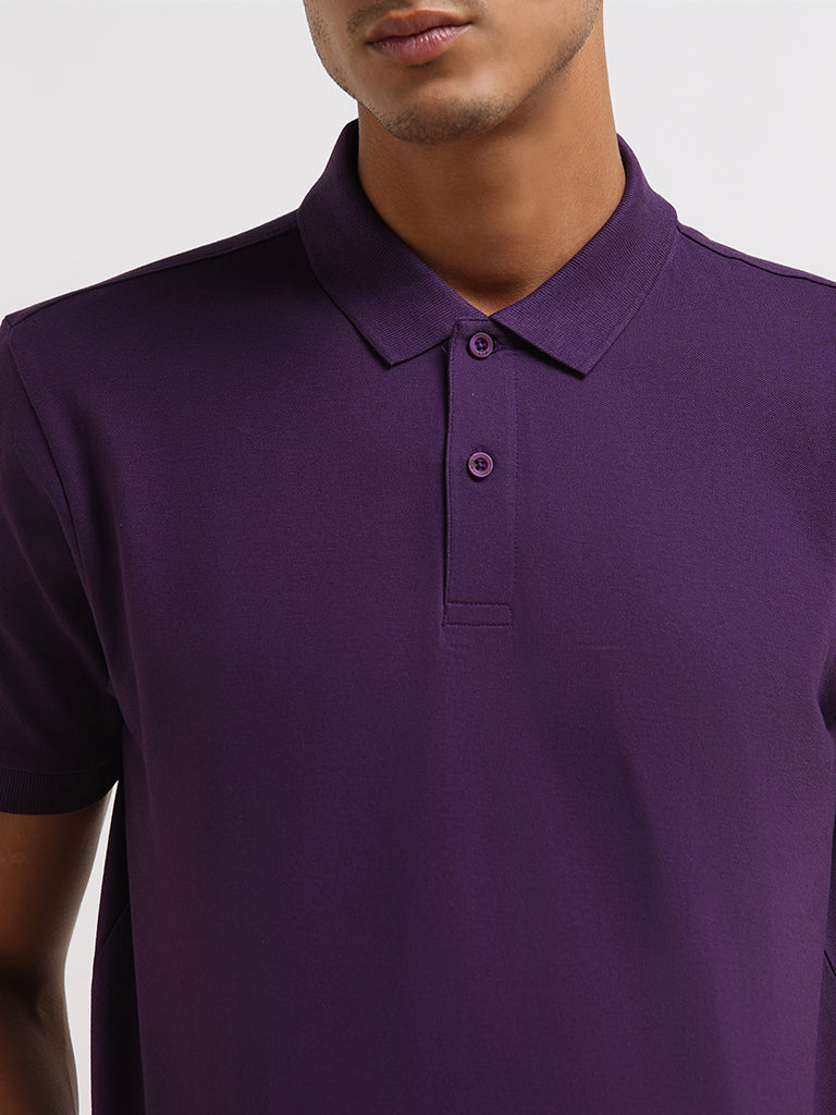 WES Casuals Purple Cotton Blend Relaxed Fit Polo T-Shirt