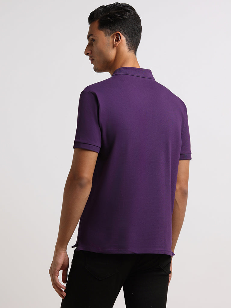 WES Casuals Purple Cotton Blend Relaxed Fit Polo T-Shirt