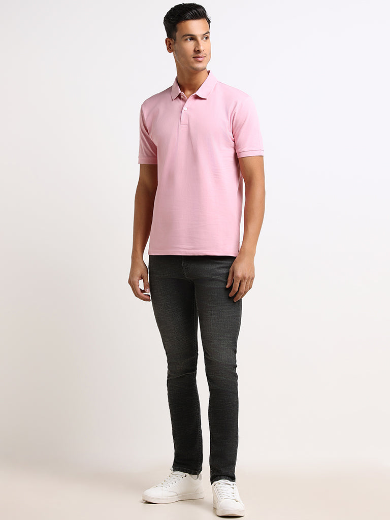 WES Casuals Pink Cotton Blend Slim Fit Polo T-Shirt