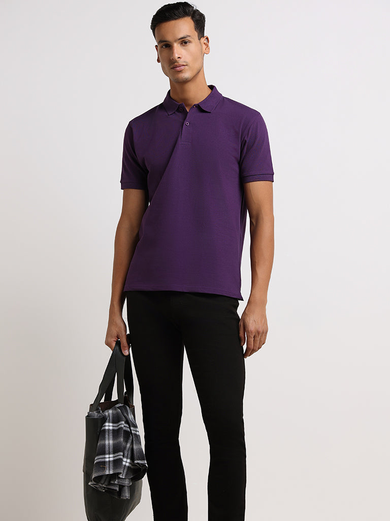 WES Casuals Purple Cotton Blend Slim Fit Polo T-Shirt