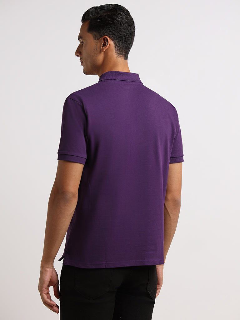 WES Casuals Purple Cotton Blend Slim Fit Polo T-Shirt