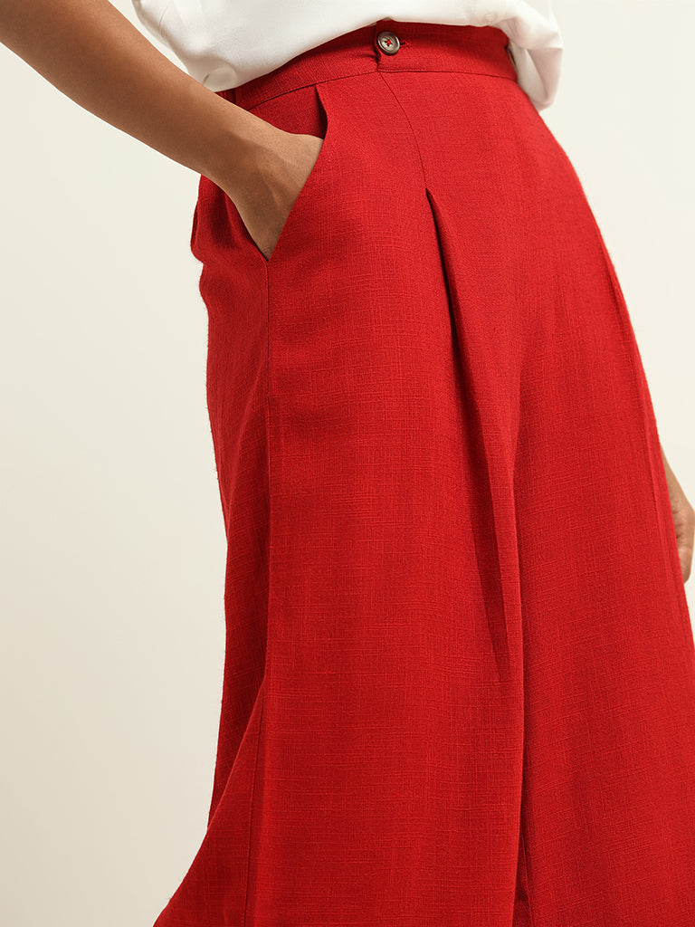 LOV Plain Red Cotton Palazzos