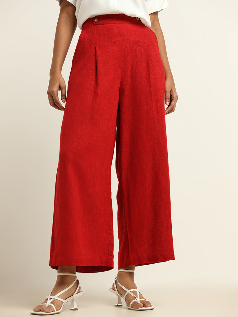 LOV Plain Red Cotton Palazzos