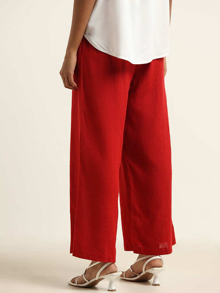 LOV Plain Red Cotton Palazzos