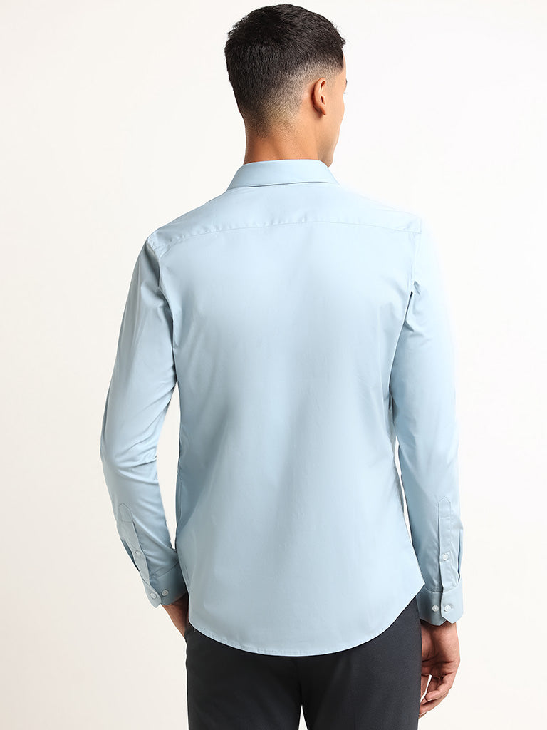 WES Formals Blue Solid Cotton Blend Ultra Slim Fit Shirt