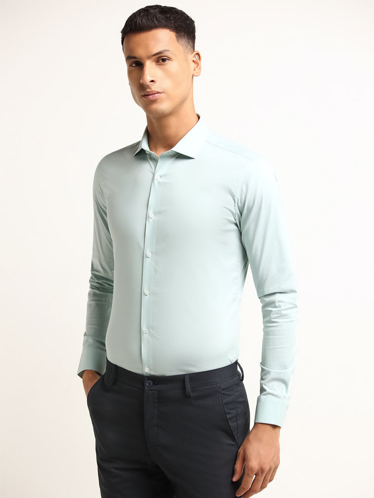 WES Formals Green Solid Cotton Blend Ultra Slim Fit Shirt