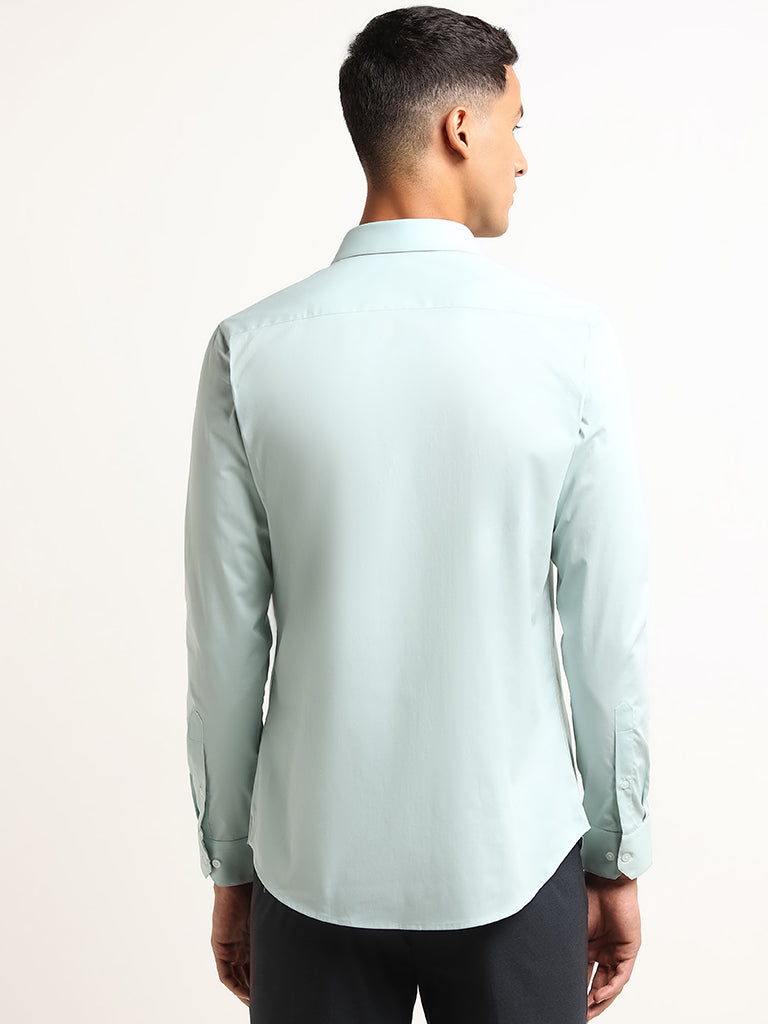 WES Formals Green Solid Cotton Blend Ultra Slim Fit Shirt