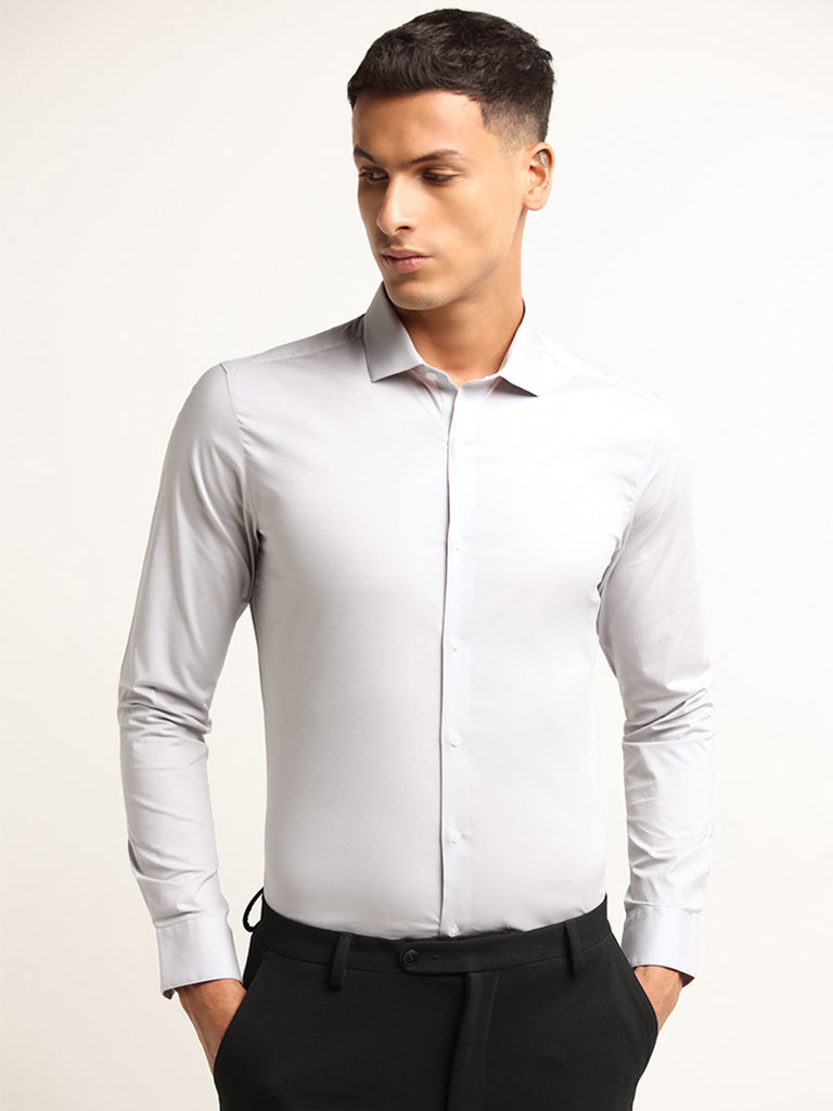 WES Formals Grey Solid Cotton Blend Ultra Slim Fit Shirt