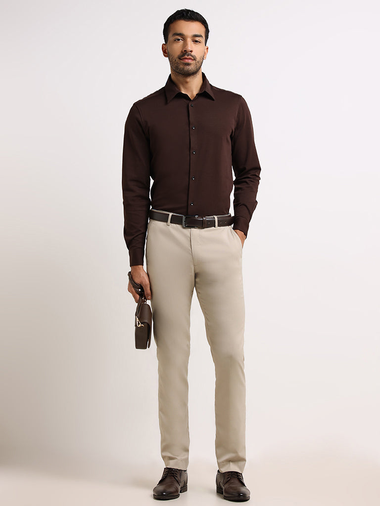 WES Formals Brown Slim- Fit Cotton Blend Shirt