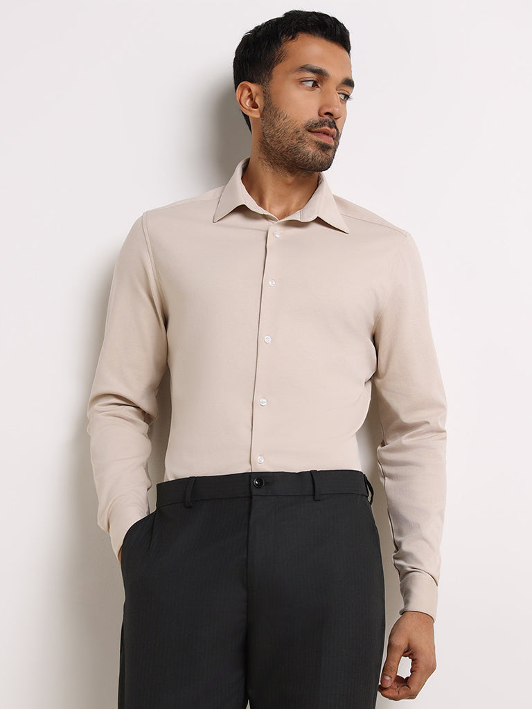 WES Formals Beige Slim-Fit Shirt