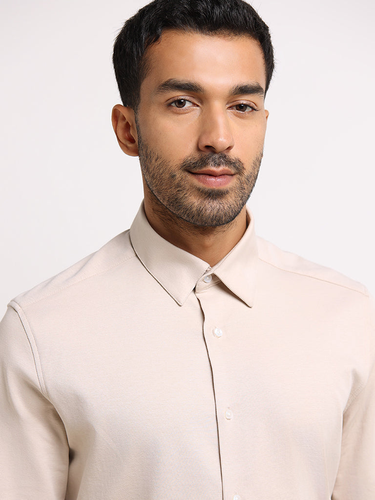 WES Formals Beige Slim-Fit Shirt