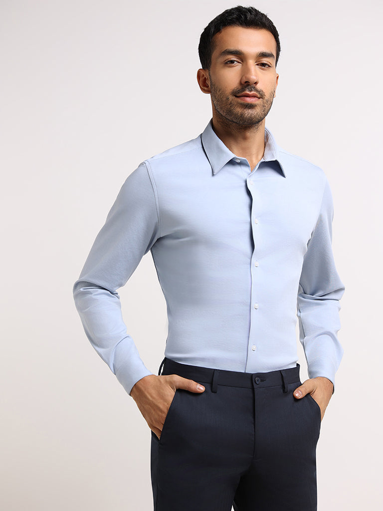 WES Formals Light Blue Slim- Fit Cotton Blend Shirt