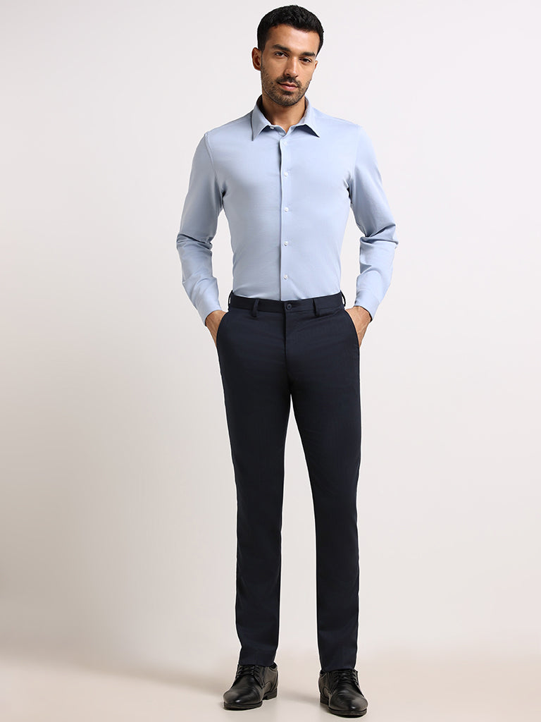 WES Formals Light Blue Slim- Fit Cotton Blend Shirt