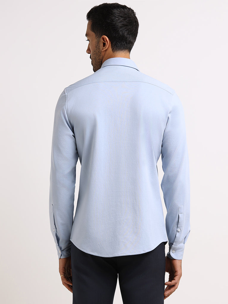 WES Formals Light Blue Slim- Fit Cotton Blend Shirt