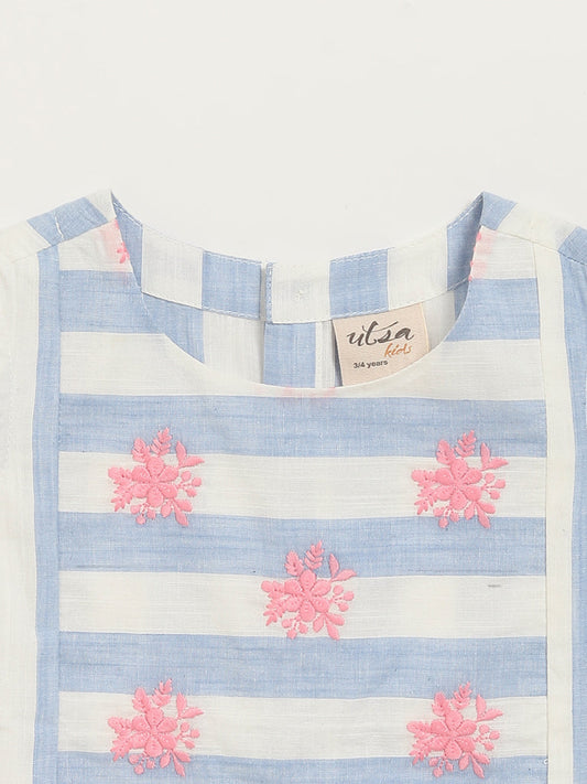 Utsa Kids Floral Embroidered Blue Striped Top (2 - 8yrs)